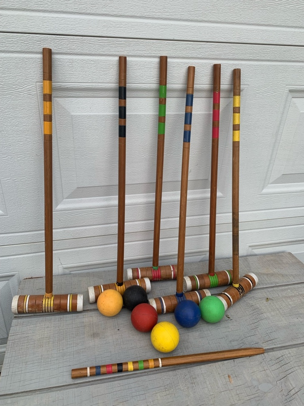 Vintage Wooden Croquet Set 6 Player Color Stripe Mallets Balls Outdoor Game - Picture 5 of 11